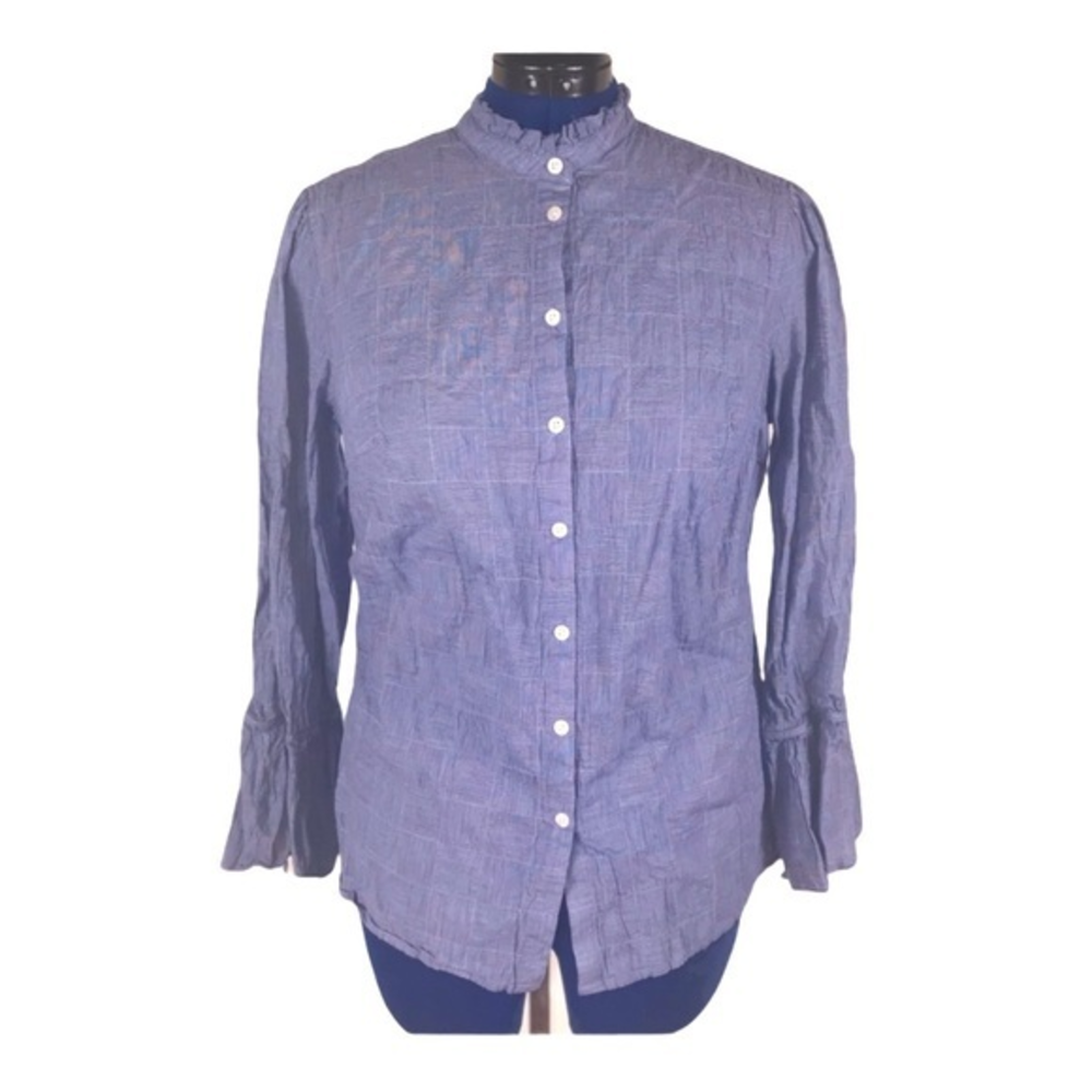 Ava & Viv 0X blue white plaid chambray‎ button up high ruffle neck retro blouse
